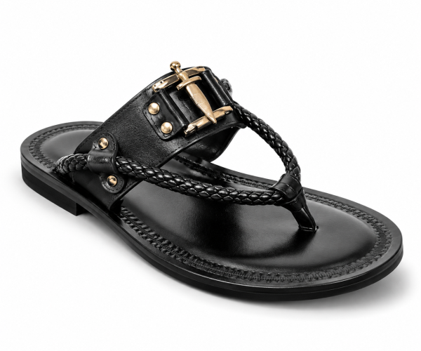 Adan Mens Black Genuine Leather Italian Sandals